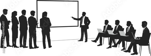 Business meeting and presentation silhouette with team discussion, training session and office seminar as black corporate teamwork illustration