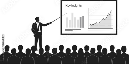 Business presentation silhouette with speaker pointing at analytics chart and audience as black corporate training and seminar concept illustration