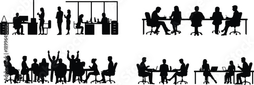 Business people silhouettes in office activities set, meetings, teamwork, discussion, collaboration, workplace scenes, corporate communication concept collection