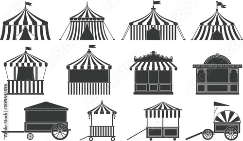 Carnival tent and market stall silhouettes collection with circus canopies, fair kiosks and vendor carts as black festival icons