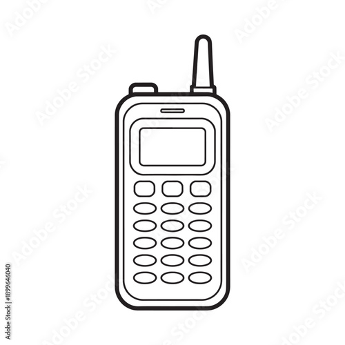Simple black and white line drawing of a vintage mobile phone or walkie talkie