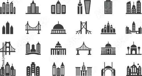 City buildings and landmark silhouettes set with skyscrapers, bridges and monuments as black urban architecture icons collection isolated on white