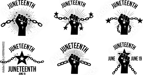 Juneteenth Freedom Day Silhouette. Raised Fist Breaking Chains with Star Burst Symbol. African American Emancipation and History Vector Illustration.