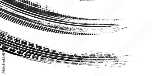 Tire track. Car, bike, motorcycle tyre mark with grunge effect isolated on white background. Wheel footprint on the road. Top view of rubber protector mark