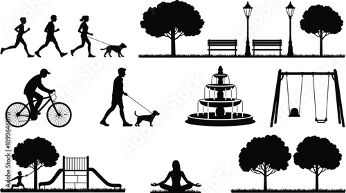 City park silhouette collection with people walking, running, cycling, playground, trees and fountain as black urban outdoor lifestyle icons