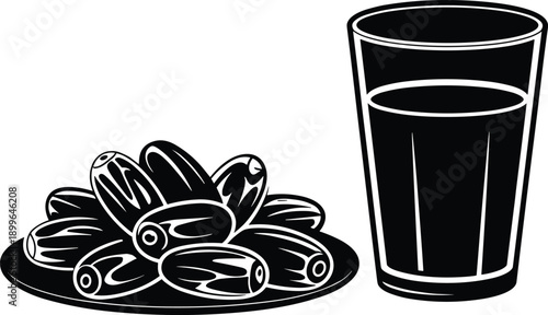 Dates fruit and juice glass silhouette set as black food illustration symbolizing Ramadan, nutrition and traditional healthy snack