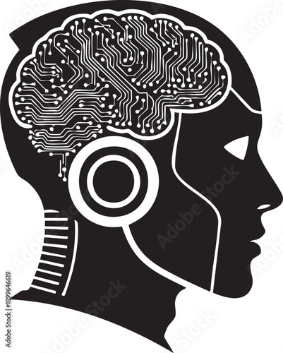 Profile of a robot's head with a digital brain and circuits, isolated on white background.