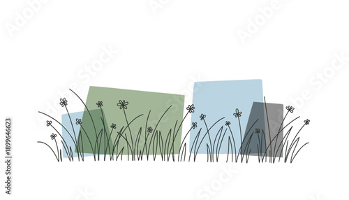 Vector illustration of overlapping rectangles in green, blue, and gray, surrounded by grass and flowers, for website or presentation background or overlay effect