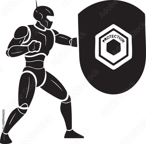 Robot warrior defending with a shield, isolated on white background.