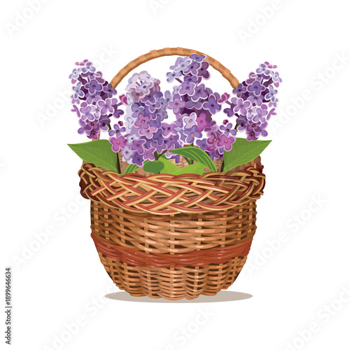 A spring wicker basket with lilac flowers. Happy Easter and Mother's Day.