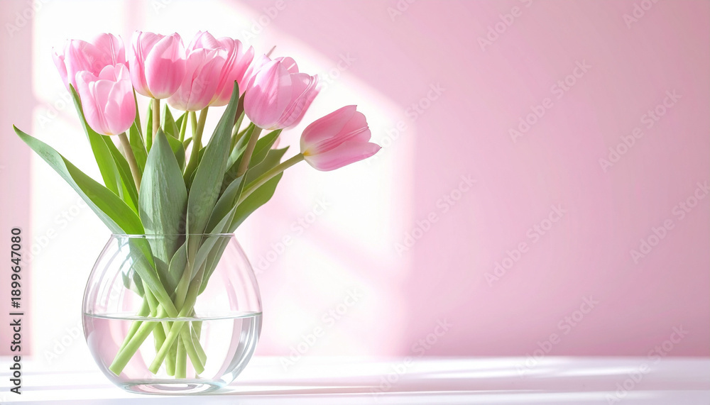 Obraz premium ピンクのチューリップの花瓶と春の光 文字入れ用の余白がある明るい背景素材