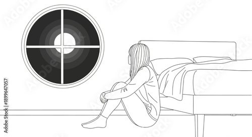 A solitary woman sits in a room, gazing out of a circular window, near a bed.