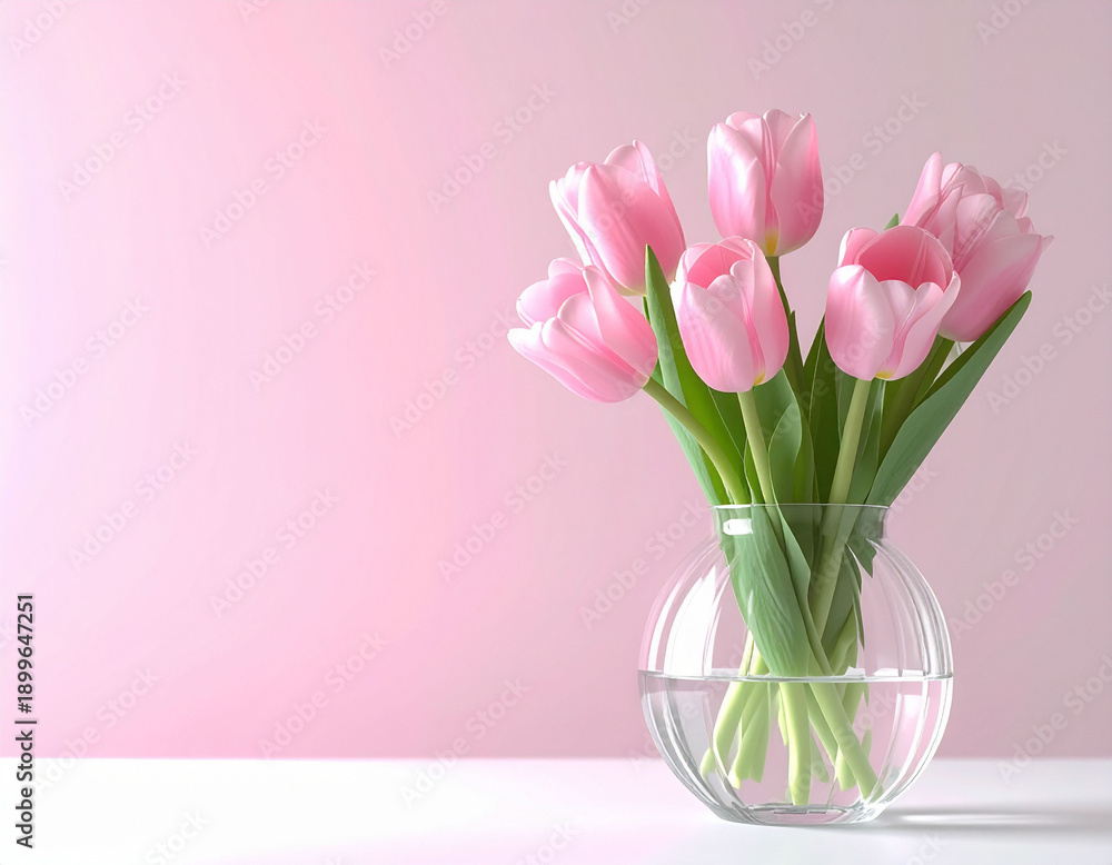 Obraz premium ピンクのチューリップの花瓶と春の光 文字入れ用の余白がある明るい背景素材