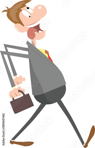 Cartoon businessman in gray suit tie briefcase rushing walking fast hurried expression busy professional isolated on white ideal for office work stress deadline corporate illustration vector clipart.