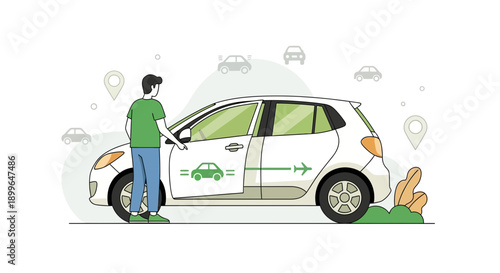Car Sharing And Mobility Service Concept With Person Approaching Vehicle