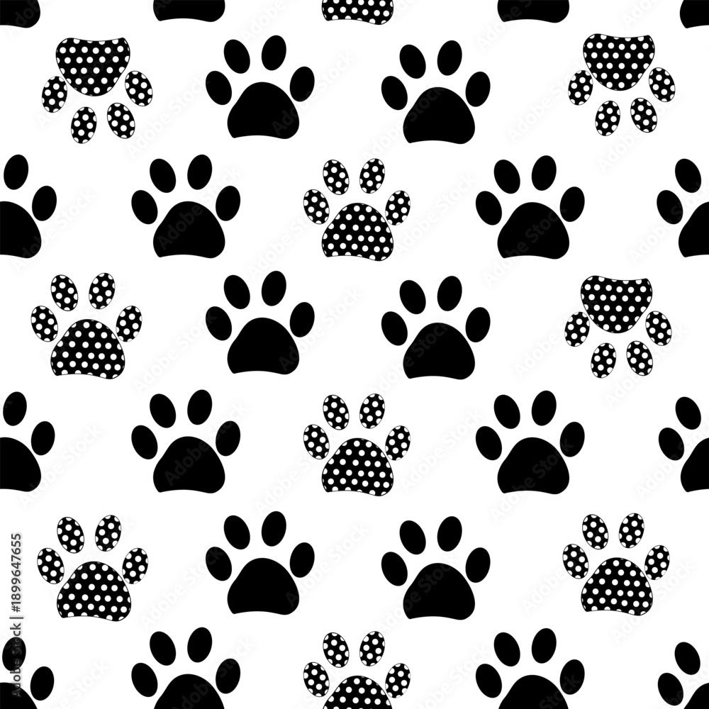 Fototapeta premium Black paw prints made of polka dots. Seamless fabric design pattern