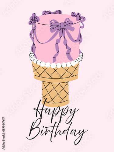 Flat color illustration of a festive pink birthday cake with bow ribbons in a waffle cone. A sweet dessert element for greeting cards, party invitations, or bakery decorations.