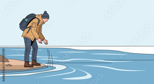 Cautious Hiker Tests Icy Water Edge On Arctic Excursion