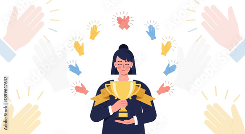 Celebrating Achievement Woman Holds Trophy Amidst Applause