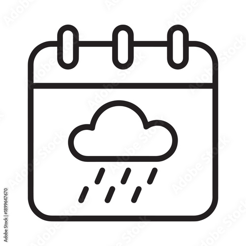 A black line drawing depicts a calendar page with a cloudy rainy weather symbol