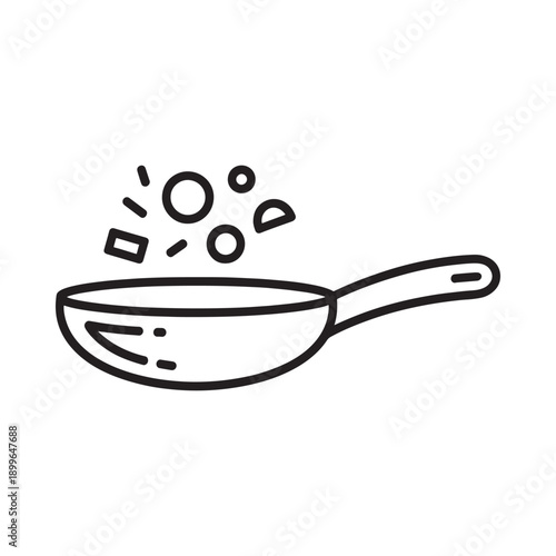 Simple line drawing of a frying pan with food being tossed within it