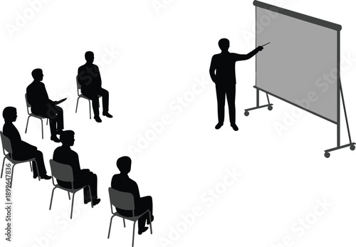 Presentation silhouettes, business training seminar scene, speaker pointing at board, audience seated, corporate workshop education concept, vector illustration