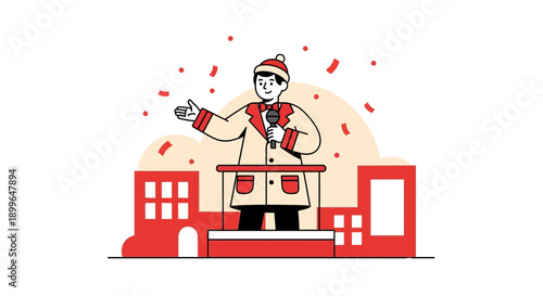 Celebratory Announcement On Stage With Confetti Falling Over City Buildings