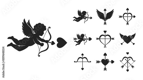 Professional collection of Cupid silhouettes with bows and arrows for Valentine's Day event planning and romantic holiday business resources.