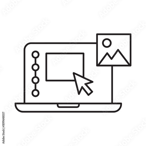 A laptop screen displays an image with a cursor pointing towards it