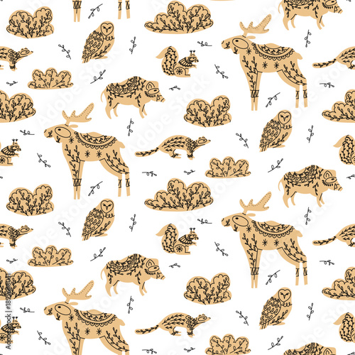 Pattern with yellow forest animals with natural ornaments. Forest animals painted moose, mink, wild boar, owl in the bushes, textile prints, coloring pages, ethnic graphic design projects.
