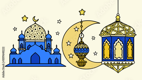 Vibrant islamic architecture and lanterns vector illustration