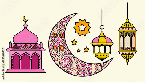 Vibrant eid celebration vector illustration with moon, stars, and lanterns