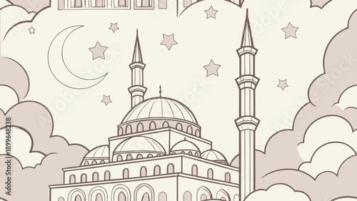 Minimalist mosque illustration with skyline and clouds