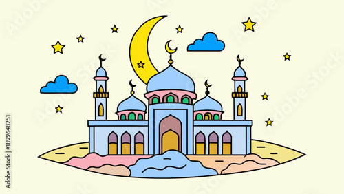 Whimsical cartoon mosque with moon and stars