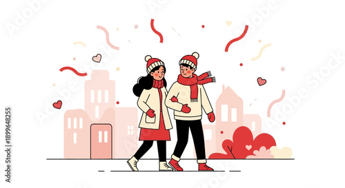 Charming Couple Embraces Winter Wonderland Romance In Festive Cityscape