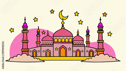 Whimsical cartoon mosque with stars and moon