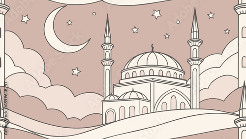 Minimalist mosque illustration with moon and stars
