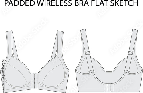 padded wireless bra flat sketch, womens lingerie apparel design, fashion cad drawing, flat vector illustration, technical underwear artwork