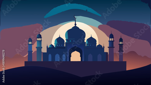 Mosque vector illustration with minimalist design and warm sunset colors