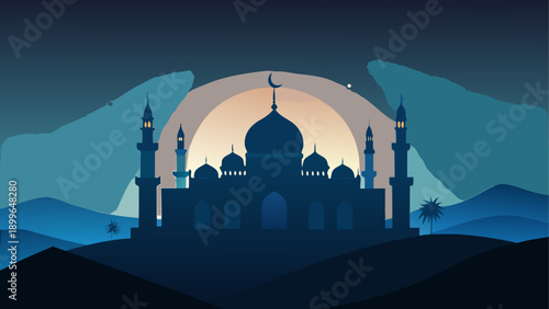 Silhouette of mosque with crescent moon and stars