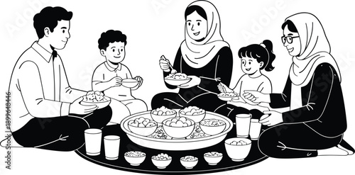 Muslim family eating meal together on floor, traditional home dining, parents and children, cultural lifestyle, togetherness, food sharing concept