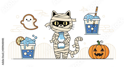 Charming Halloween Cat Mummy Holding Milk Bottle With Spooky Dessert And Pumpkin