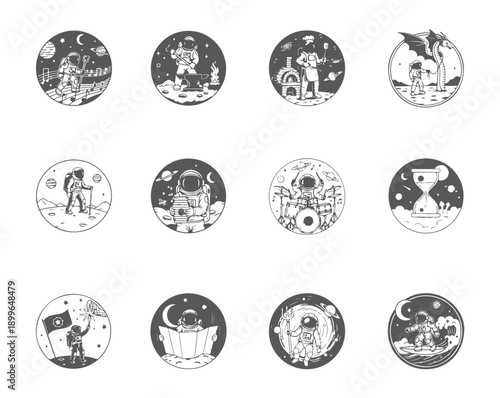 Astronaut lifestyle emblems, retro futuristic space stipple icons