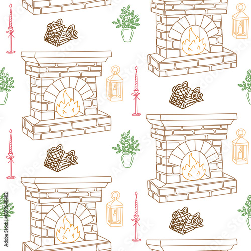 Seamless pattern with cozy home elements like brick fireplaces, firewood, lanterns, and candles. Warm winter background for fabric print, wrapping paper, or seasonal interior decor projects