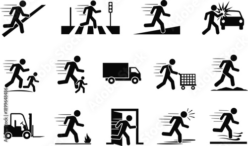 Running person icons set, man sprinting in street, emergency exit, pedestrian safety, warehouse hazards, shopping cart, accident risk, cad drawing flat vector illustration
