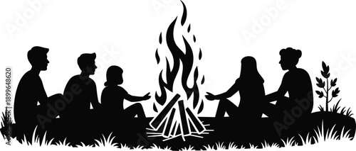 People sitting around campfire silhouettes, friends outdoor night gathering, camping and storytelling scene, nature adventure vector illustration concept