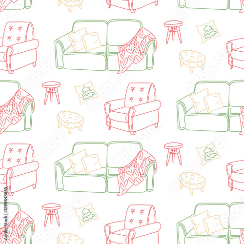Seamless pattern with cozy interior elements like armchairs, pillows, and plants in pots. Comfortable home background for fabric print, wrapping paper, or seasonal interior decor projects