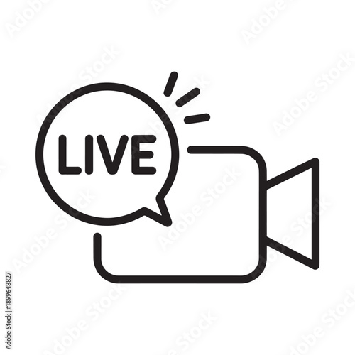 A black and white illustration of a video camera with a live broadcast bubble