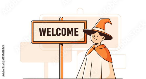 Charming Witch Character Welcomes Visitors With a Sign