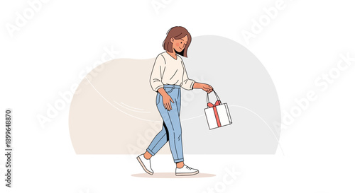 Charming Woman Carries Shopping Bag With Gift Inside Minimalist Style